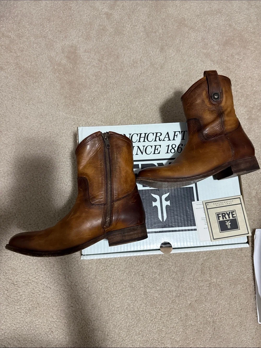 Frye Cognac Brown Leather Zip-Back Ankle Boots 5.5